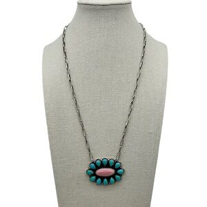 925 Sterling Silver Natural Pink Conch & Kingman Turquoise Cluster Clip Necklace